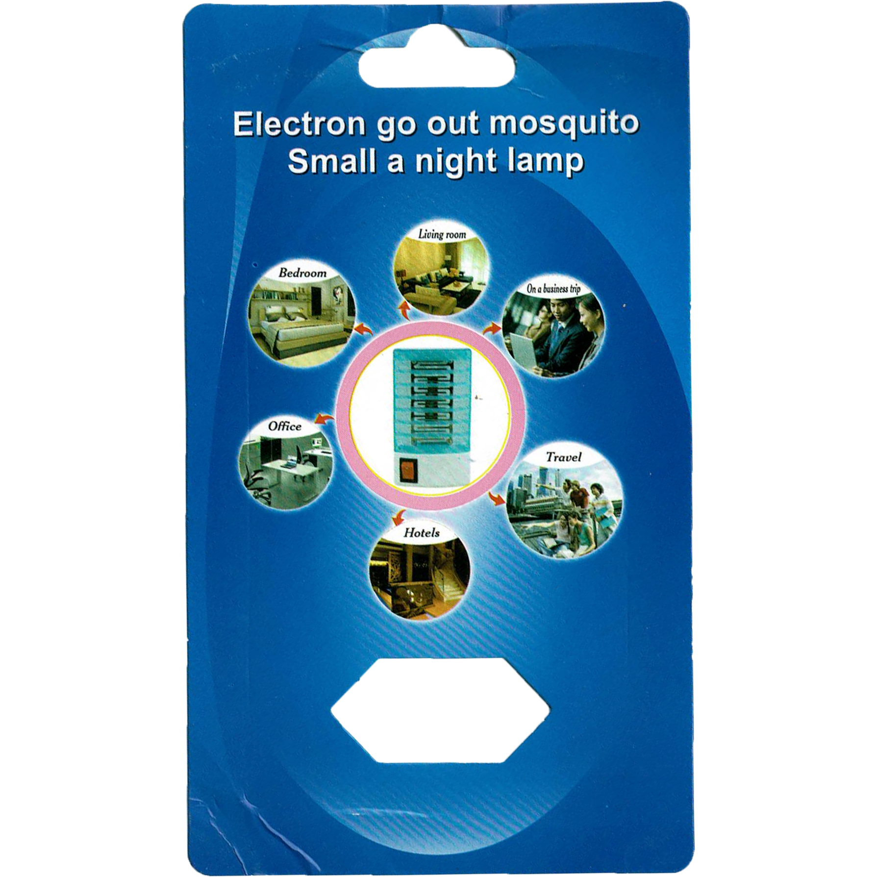 a blue display card for a mosquito zapper. it has a photo of the zapper and shows uses for it in small circles with arrows pointing back to it. it says in white text, electron go out mosquito small a night lamp