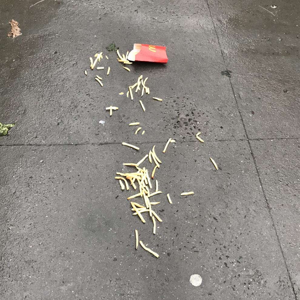 a carton of mcdonalds fries spilled across a wet sidewalk